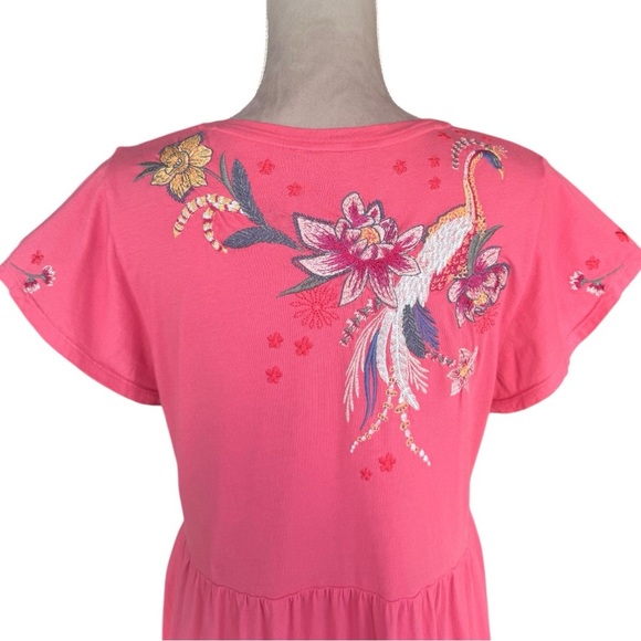 Johnny Was Tiered Embroidered Cotton Midi Dress Boho Artsy Coral Pink Medium - Picture 7 of 9